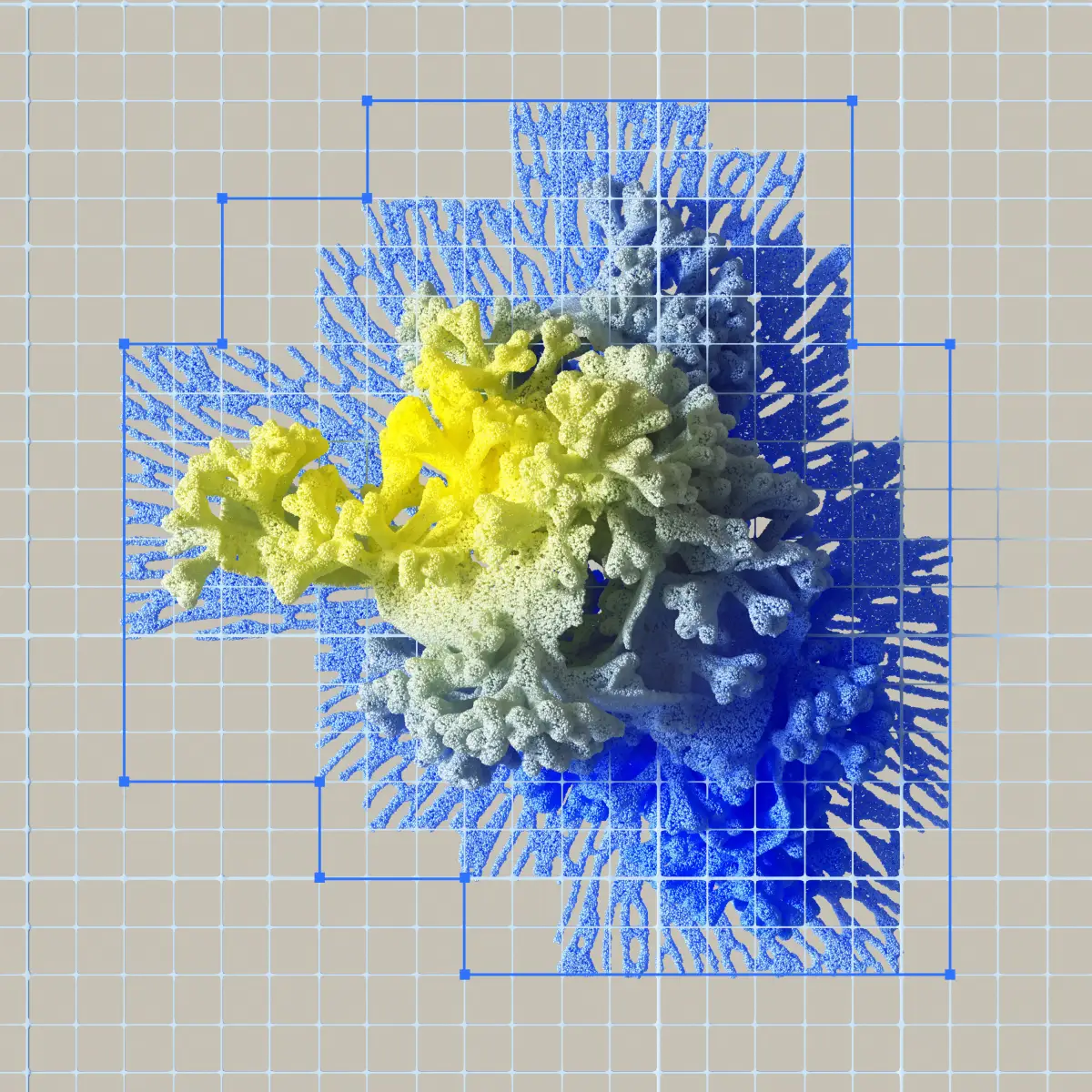 Blue, yellow and pale abstract forms intersected by a three-dimensional wire grid