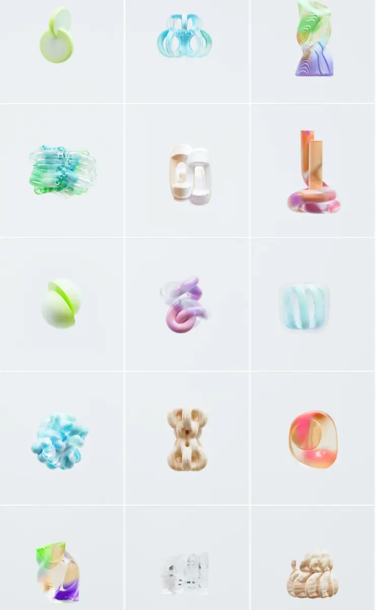Grid of colourful translucent and sculptural objects on a pale background