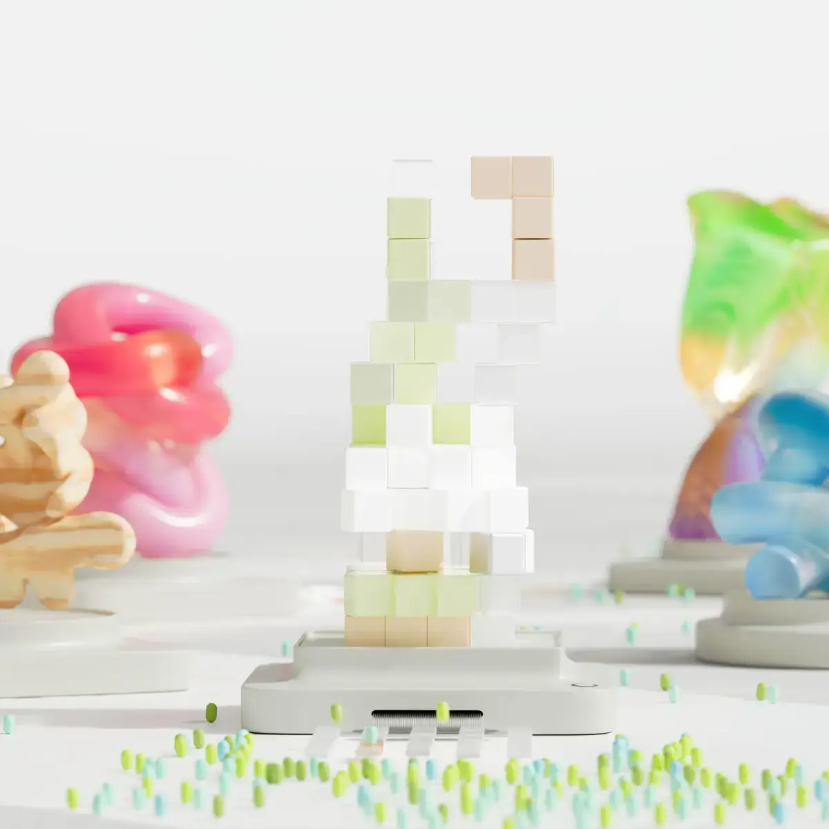 Colourful abstract sculptures arranged on white platforms around stacked geometric blocks
