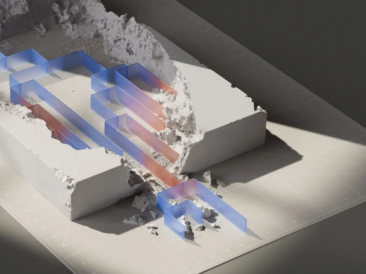Blue and orange translucent pathways passing through a cutaway white architectural structure