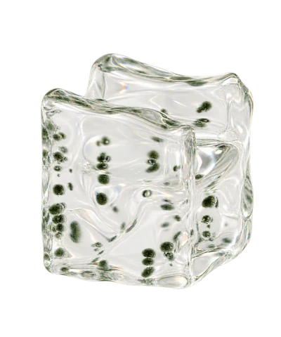 Clear glass-like cube with rippled surfaces and dark speckles