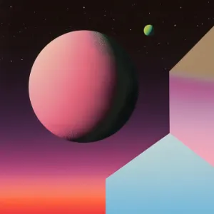 Floating pink sphere beside angular geometric forms against a colourful gradient background