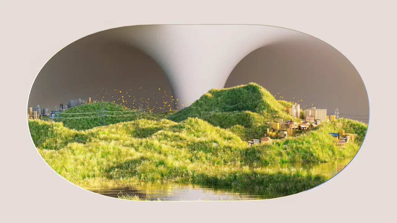 Green moss landscape seen through rounded openings in a pale sculptural structure