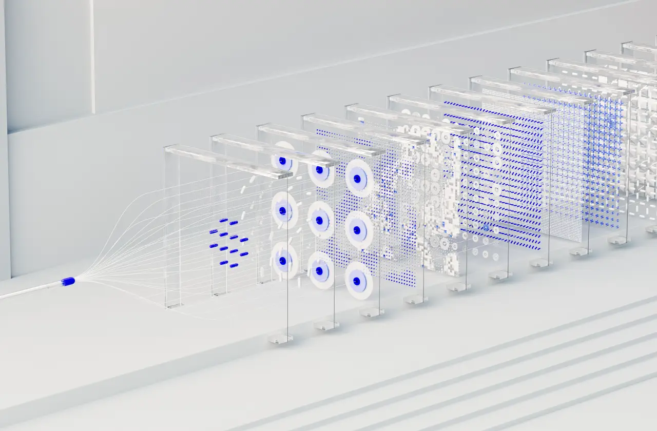 Transparent modular structures with purple circular elements and fine grids on a stepped white platform
