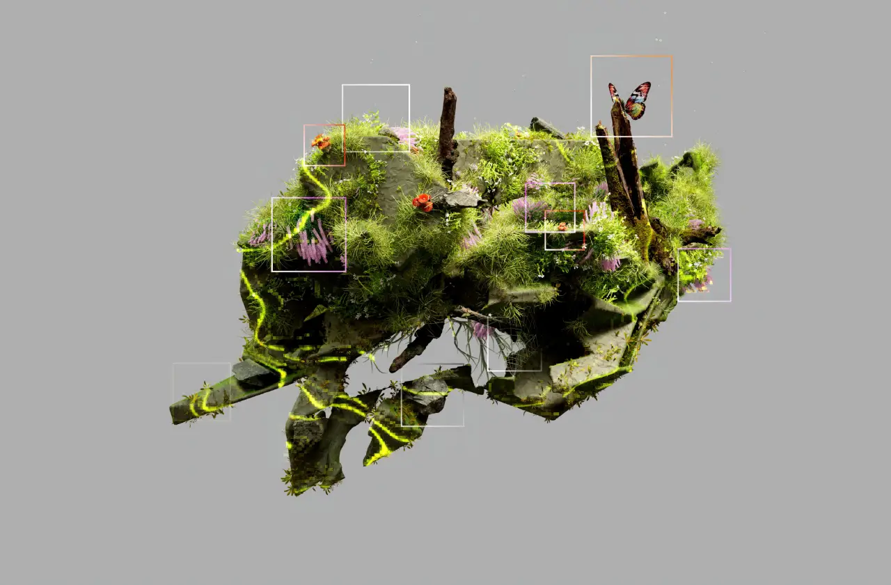 Floating moss-covered rocky island with dark upright structures and fine rectangular frames
